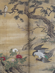 A painting with flowers and a large bird catching prey in front of a tree 
