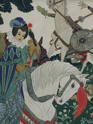 A drawing of a well-dressed smiling woman on a white horse, as a horse tips its rider behind her