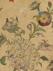 A detail of a painting with animal heads growing on plants like flowers