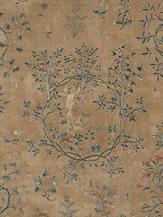 A detail image of a figure standing among three trees, encircled by floral vines