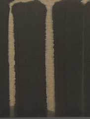 A detail image of an abstract painting of four thick black vertical lines on a tan background