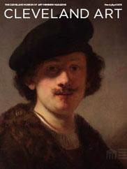 A painting of a bust of a young man in somber tones with a moustache, pointy beard, wearing a black beret, fur coat, white collar. Titled Self-Portrait with Shaded Eyes, by Rembrandt van Rijn on the cover of the magazine