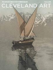 An etching and aquatint of a boat with sails in front of snow capped mountains titled the Butterfly by John Taylor Arms on the magazine cover