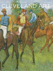 A colorful pastel  of Jockeys on four  horses,  Before the Race, by Degas on the magazine cover