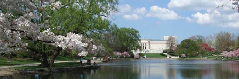 A large marble building, seen across a lagoon flanked by blossoming trees
