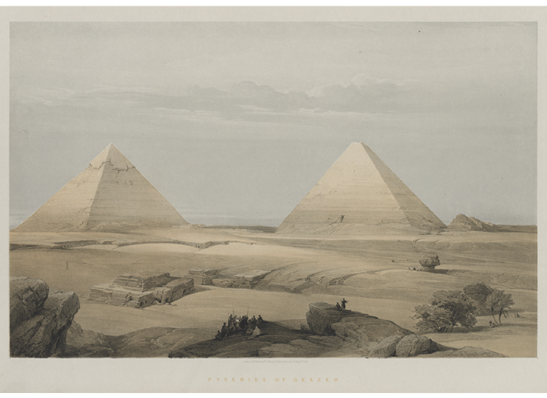 Pyramids of Geezeh, 1848. Color lithograph; 43.8 x 60.2 cm. CMA, 2012.155